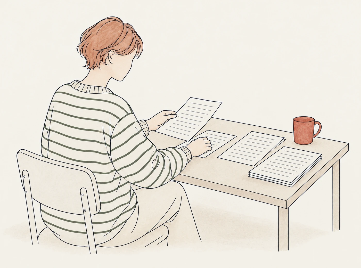 机で書類を一枚ずつ整えている人の水彩の線画
